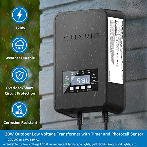 Image of SUNVIE 120W Low Voltage Transformer Outdoor Landscape Lighting Transformer with Timer and Photocell Sensor Waterproof 120V to 12V /14V AC Low Voltage Landscape Transformer for Spotlight Pathway Lights