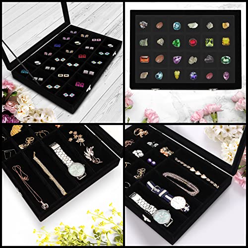 BELLE VOUS Bandeja Organizador de Joyas Terciopelo Negro con 24 Secciones Ajustables y Tapa de Cristal - Joyero Exhibidor Apilable - Joyero Pendientes, Collares, Aretes, Brazaletes y Relojes - imagen 7