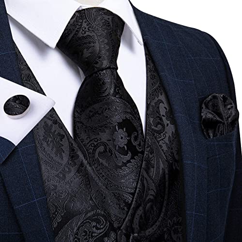 Image of DiBanGu Mens Paisley Vest Silk Sleeveless Suit Vest and Neck Tie Pocket Square Cufflinks Set for Wedding Formal