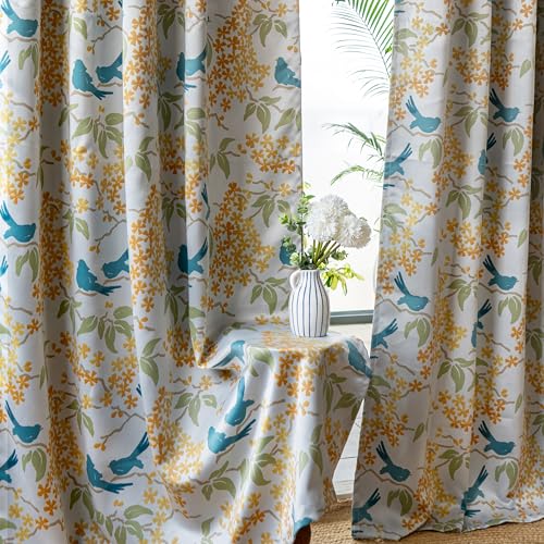 Image of Tranquebar Curtain Co. Semi Blackout Curtains 5 Feet for Window, 80% Blackout, Blue Yellow Floral & Bird Print, Semi Blackout Window Curtains, Heavy Polyester, BackTabs, Veya (152 cm) - 1 Piece