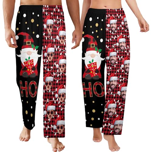 D-Story Custom Face Christmas Pajama Bottoms Men Women Personalized Sleepwear Pants Xmas Party Gift for Couple Family Friend