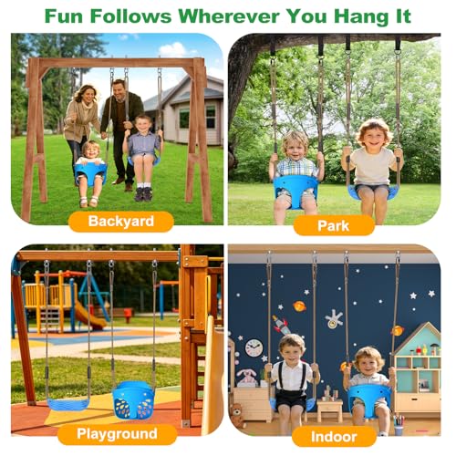 Image of SELEWARE Blue Toddler Swing Set - Heavy-Duty High Back Full Bucket Toddler Swing Seat & Kids Tree Swing with Adjustable Ropes, Backyard Playground Swing Set Accessories for Kids, Indoor /Outdoor Use