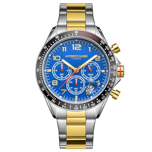 Anthony James Reloj de pulsera automático con taquímetro cronógrafo para hombre, parte trasera de acero, analógico, correa de acero inoxidable, montado a mano, resistente al agua y a los arañazos, Anthony James Reloj de pulsera automático con taquímetro cronógrafo para hombre, parte trasera de acero, analógico, correa de acero inoxidable, montado a mano, resistente al agua y a los arañazos,
