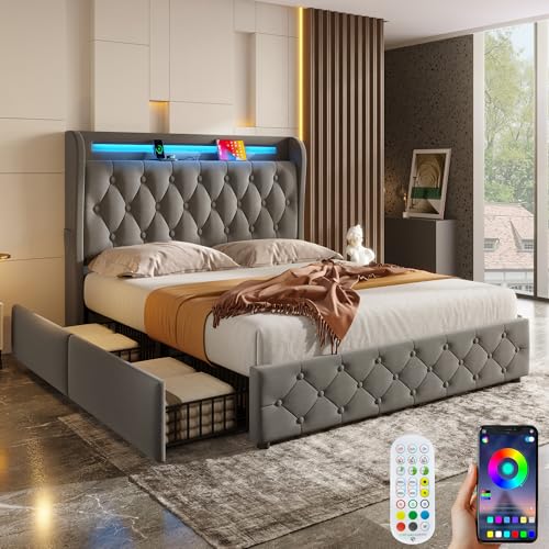 Sapgaks Cama de 140x190 cm con iluminación LED y Puertos USB, Cama tapizada de Matrimonio con somier de láminas y 4 cajones, Estructura de Cama Juvenil