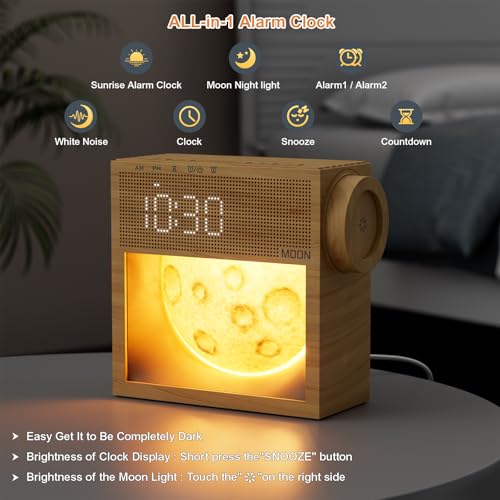 Image of Sunrise Alarm Clock with Sound Machine,White Noise Sound Machine with Night Light for Adults,Kids,Dimmable Moon Lamp for Bedroom,20 Soothing Sounds,Dual Alarms,Snooze, Digital Clock,Wood Grain