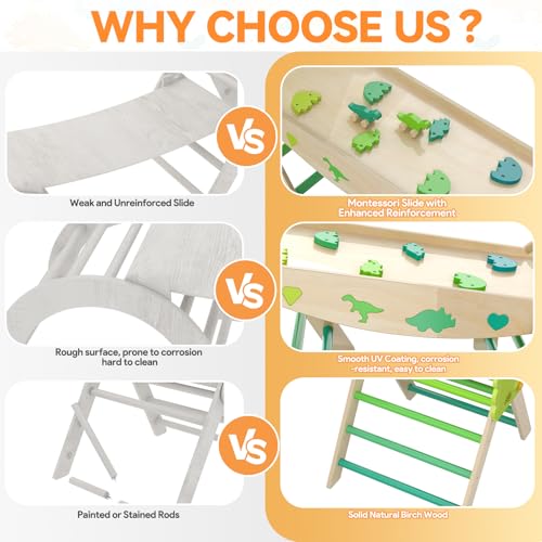 Image of Pikler Triangle Set with Cushion 9 in 1 Large Climbing Toys for Toddlers 1-7 Indoor Baby Gym Montessori Toys Wooden Climbing with Maze, Shape Sorting, Dinosaur Car