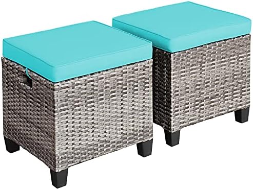 Tangkula 2 Pieces Patio Rattan Ottomans, Outdoor Wicker Footstool Footrest Seat with Soft Cushions and Steel Frame, All-Weather Patio Ottoman Set for Backyard Garden Poolside (Turquoise)