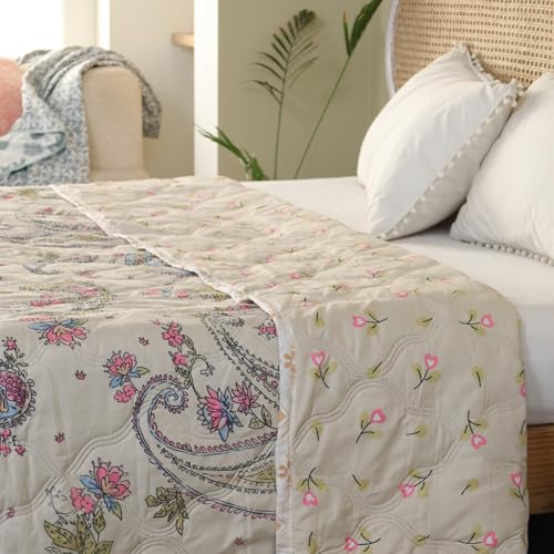 Image of Dohar Double Bed 100% Cotton Blankets for Summer | 90x100inch, 150GSM Ac Comforter and Cooling Blankets for Summer | Cream Color Curry | Classic Printed Design | Quilt | Ideal for Gifting