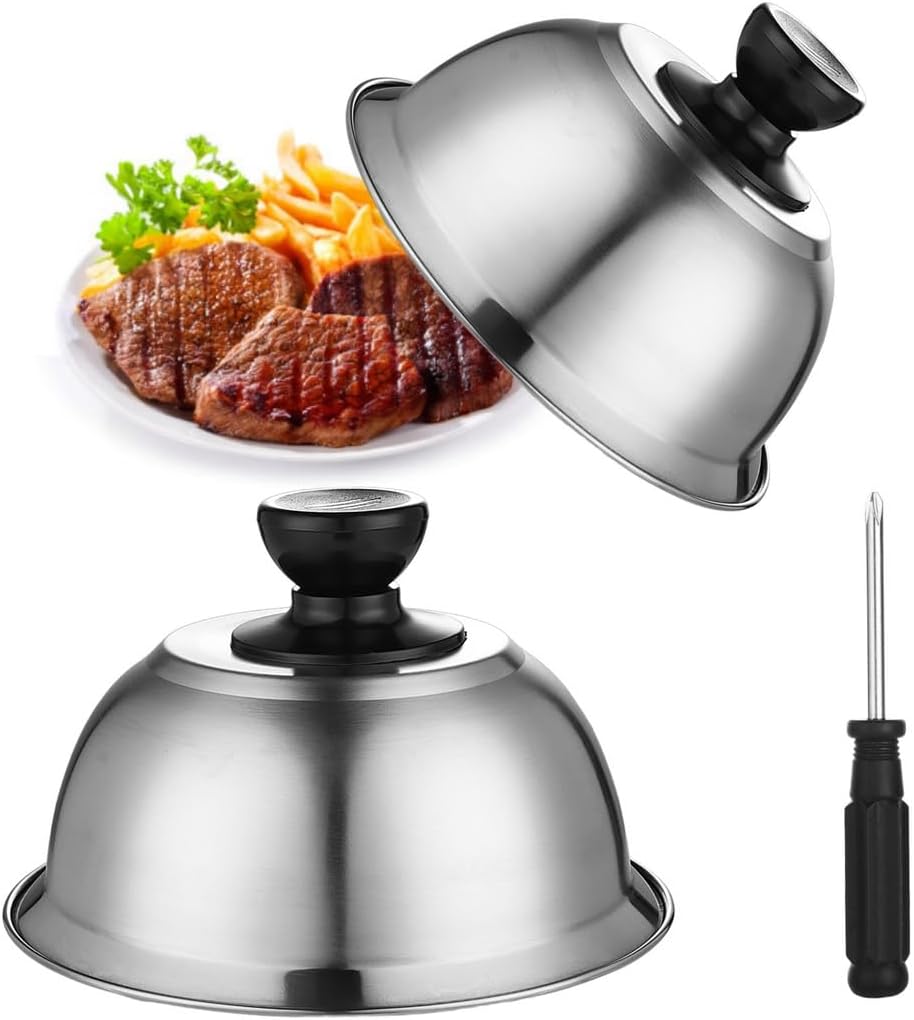 2-Pack Stainless Steel Basting Domes, Burger and Steak Covers with Heat-Resistant Grip, Ideal for Melting Cheese and Grilling Steaks, Bacon, and Burgers
