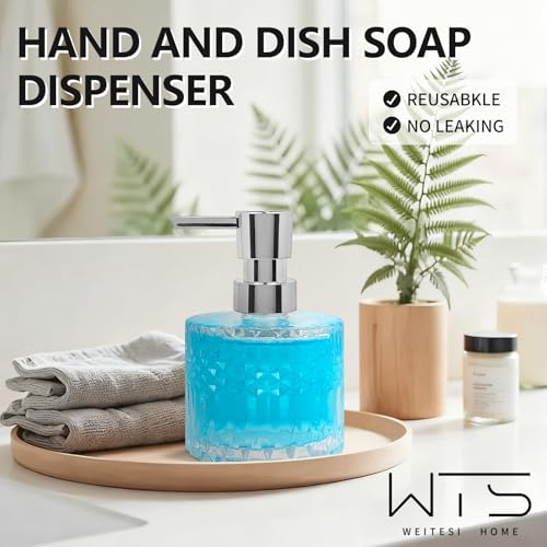 Image of Diamond Pattern Glass Soap Dispenser, Refillable Clear Glass Soap Dispenser with Plastic Rust Proof Pump for Dispense Hand soap, Body wash
