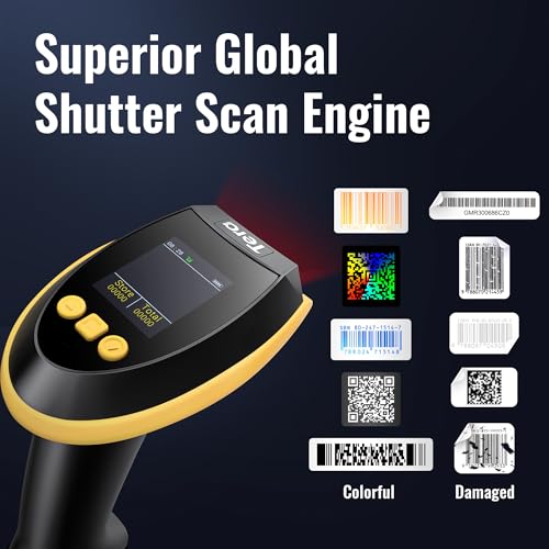 Image of Tera Barcode Scanner Wireless with Screen: Pro Version 1D 2D QR with Setting Keypad Charging Cradle Works with Bluetooth 2.4G Wireless USB Wired Handheld Bar Code Reader HW0009 Yellow