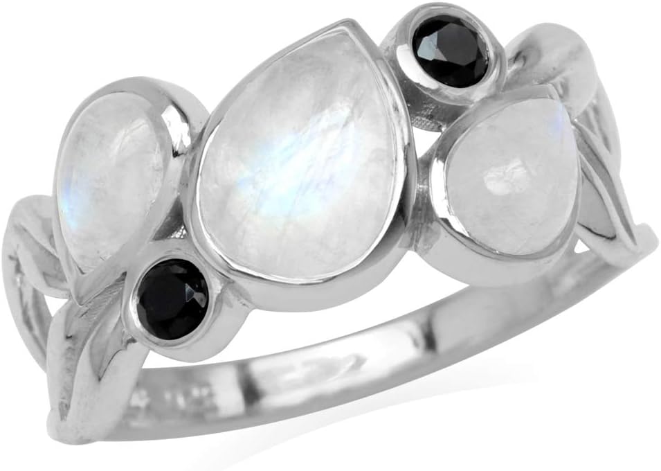 Silvershake Natural Moonstone and Black Spinel 925 Sterling Silver Leaf Vintage Ring