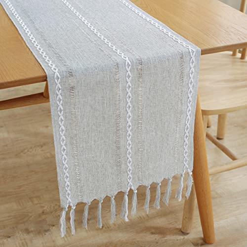 Jiale Table Runner, Rustic Farmhouse Table Runners With Tassels, Boho Cotton Linen Table Runner For Table Decorations, Holiday Party And Wedding, 108 Inches, Light Grey #TOP4