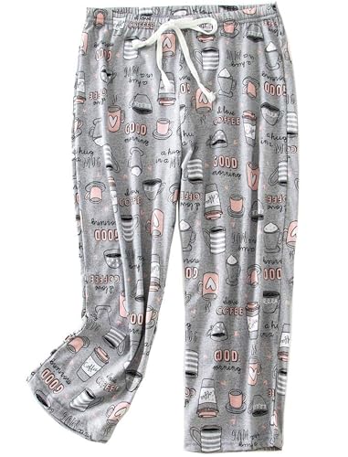Image of MIA LUCCE Pyjama Bottoms Womens Capri Cropped Pyjamas for Women Stretch Drawstring Soft Pj Bottoms Soft Lounge Sleepwear(Grey Coffee Cup,M)