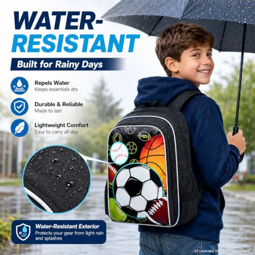 Image of AGSDON 3PCS Boys Backpack, 17 inch Kids Bookbag with Lunch Box for Teen, Multi-Sports Ball Backpacks Water Resistant and Lightweight