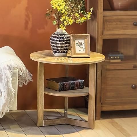 DS-HOMEPORT Round End Table, 2 Tier Circle Sofa Side Table with Storage, Round Rustic Natural Wood Nightstand, Solid Bedside Table for Living Room, Bedroom, Office Cover