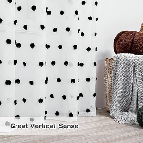 Image of MYSKY HOME Black Pom Pom Sheer Curtains for Sliding Door 95 Inches 2 Pieces | Halloween Curtain Panels, for Bedroom Living Room Dining Room, Rod Pocket, Light Filtering, Semi Window Drapes, 50 inch x 95 inch