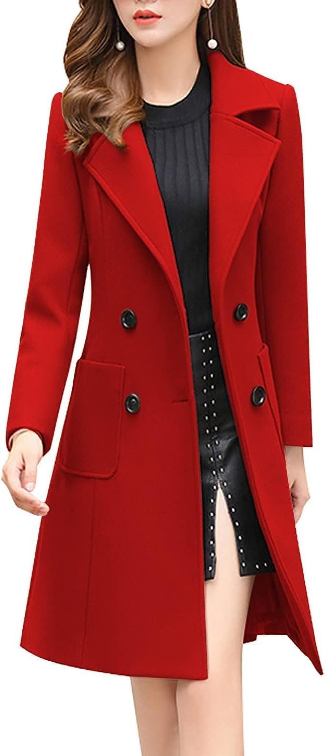 ebossy Women's Elegant Wool Blend Pea Coat Notched Lapel Double Breasted Winter Warm Mid Long Overcoat