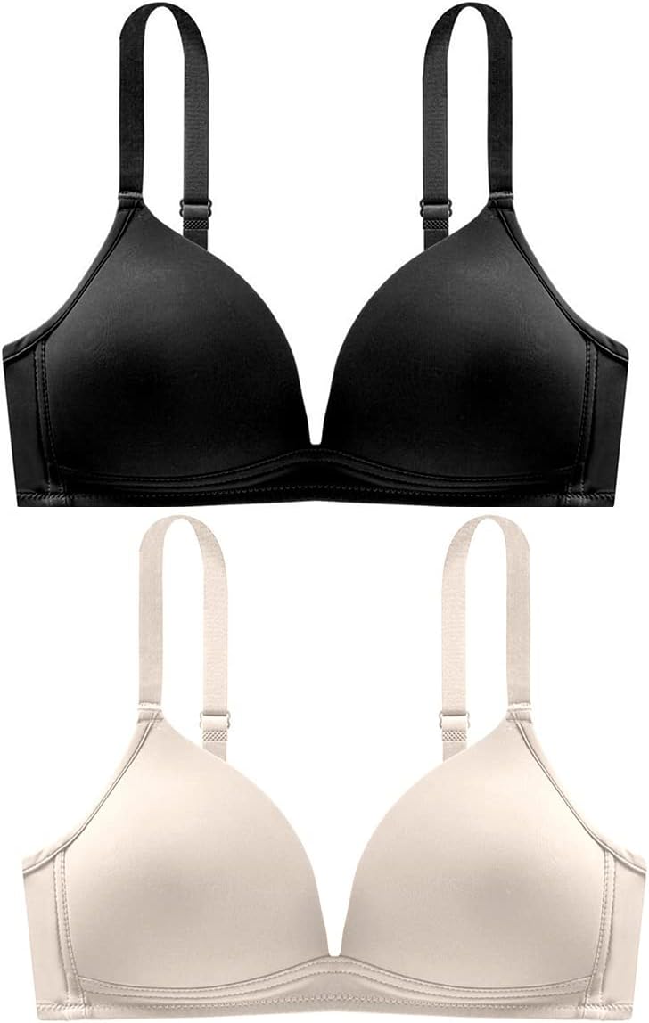 Plunge Push Up Bra, Wireless T Shirt Bra, Reduce Side Boobs Minimizer Bralette (2 Pack)
