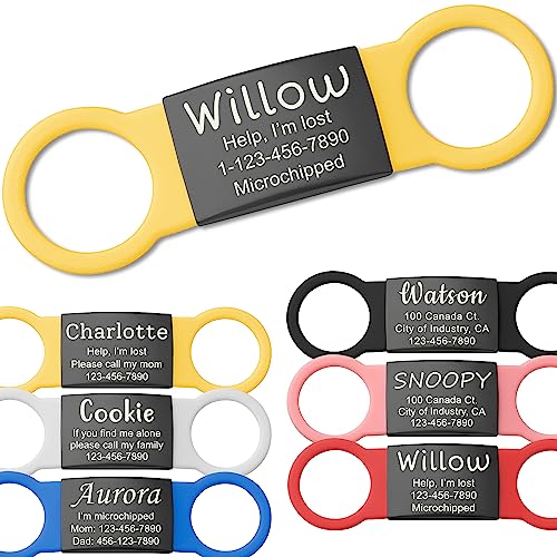 Anavia Slide On Silent Pet ID Tags, S/M/L/XL Personalized Black Stainless Steel Colored Silicone Cat Dog Name Tag, Customized Engraved Nameplate, Quiet Chew-Proof Pet Collar Tag (Yellow, Small)