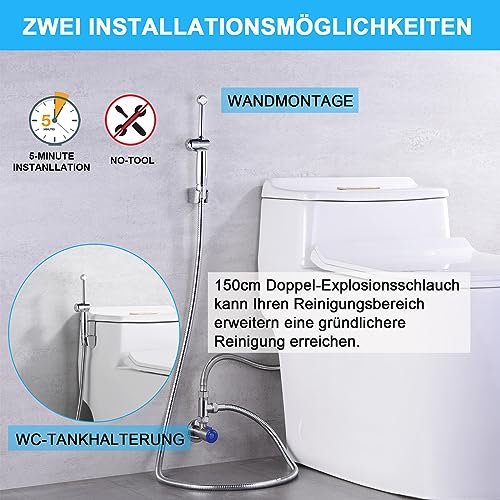 Bidet Handbrause für Toilette Bidet Sprayer, Uvish 7.9 Aufsatz Duschkopf mit Einstellbarem Druck G1/2 & G3/8 Toilette Ventil, Muslimische Dusche Shattaf für WC Persönliche Hygiene,Chrom
