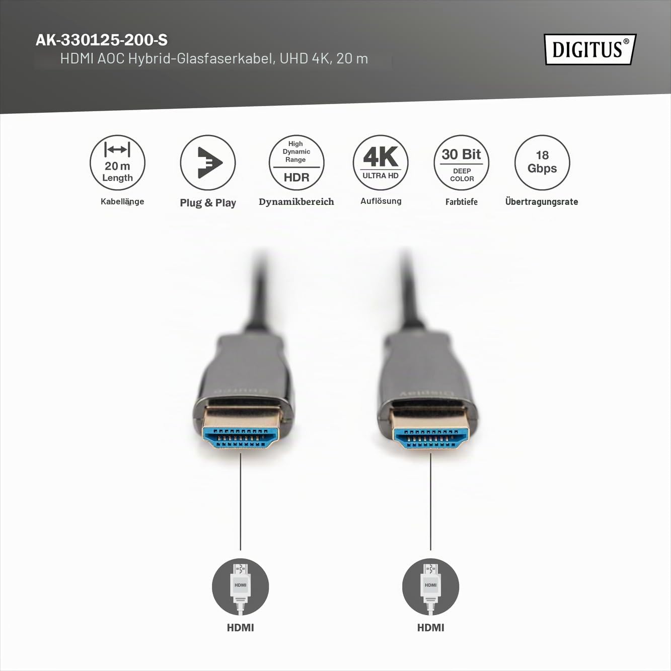 Digitus Cavo In Fibra Ottica Ibrido Hdmi Aoc, Uhd 4k, 20 M (hdmi Aoc Hybrid Fiberoptic - Cab.typE-A 20m Uhd 4k 60hz Gold/) | 18 Gbps – ARC, HDR, HDCP 2.2, CEC – AOC Hybrid-Kabel – vergoldete Kontakte – HDMI-Glasfaserkabel – Schwarz