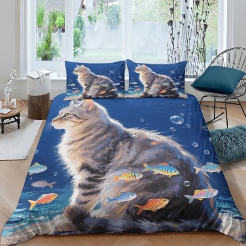 WXLWHR Housse De Couette British Shorthair Parure De Lit British Shorthair Poisson Microfibre Douce avec Fermeture Éclair & Taie d'oreiller pour Garçons,...