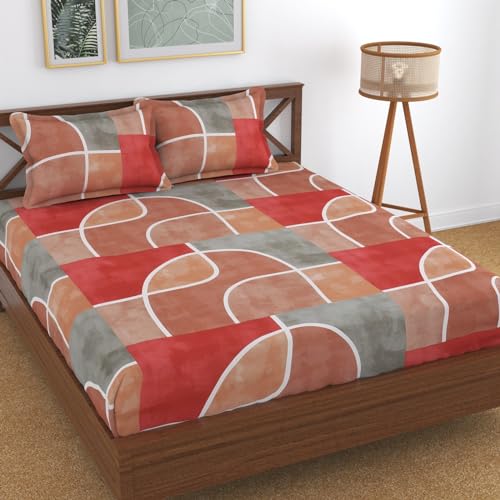 Image of KAWI Elastic Fitted Printed Bedsheets Queen Size (60 inchx78 inch) Cotton Feel Dpuble Bed, 2 Pillow Covers 200TC - Red Colour