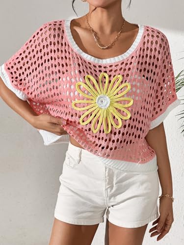 Image of OCSTRADE Summer Crochet Tops for Women Boho Crop Hollow Out Sweaters Beach Vacation Knit Cover Ups