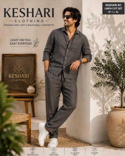 Image of Men's Premium Linen Co-Ord Set | Regular Fit Full Sleeve Solid Shirt with Drawstring Trouser | Breathable Linen Casual Outfit for Summer, Travel, Beach, Vacation & Daily
