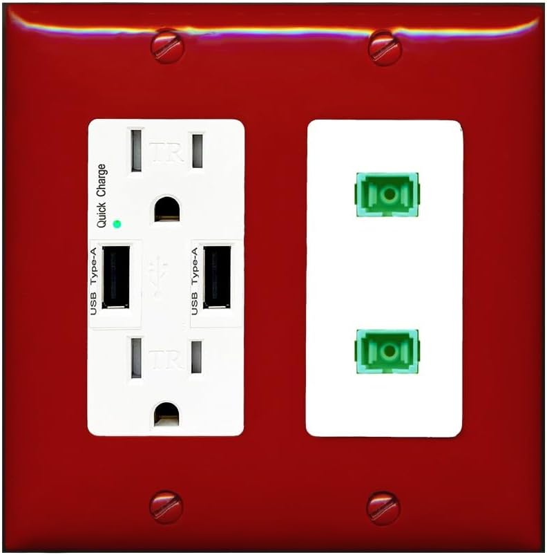 RiteAV 2 Port Fiber Optic Coupler Jack SC Simplex Singlemode APC Wall Plate - USB Charger Outlet [Red/White]