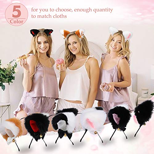 Mtreo 5 Pcs Cat Ears Headband Cosplay Fluffy With Ribbon Bell, Plush Furry Cat Ears Faux Fur Fox Dog Ears Headwear Halloween Cosplay Costume Party Headbands Bell For Women Girls Adult #TOP4