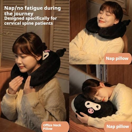 Image of SHAKTISM Cute Cartoon U-Shaped Neck Pillow for Travel | Soft Plush Neck Support Cushion for Kids & Adults | Lightweight Portable Headrest for Car, Flight & Home Use (Black)