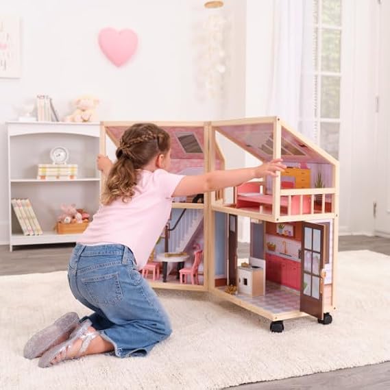 KidKraft So Darling Wooden Dollhouse on Wheels with 29 Accessories | Moveable & Storable Open & Close Doll House, Lights & Sounds, Easy Assembly, For 12 Dolls, Gift for Ages 3+