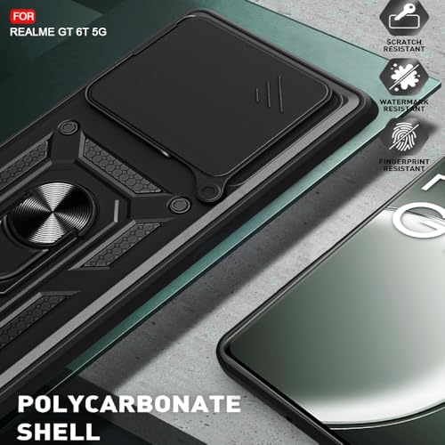 Image of AESTMO Polycarbonate Tough Armor Realme Gt 6T 5G Bumper Back Case Cover|Ring Holder & Sliding Camera Shield Cover|360 Degree Protection Back Case Cover for Realme Gt 6T 5G (Black)