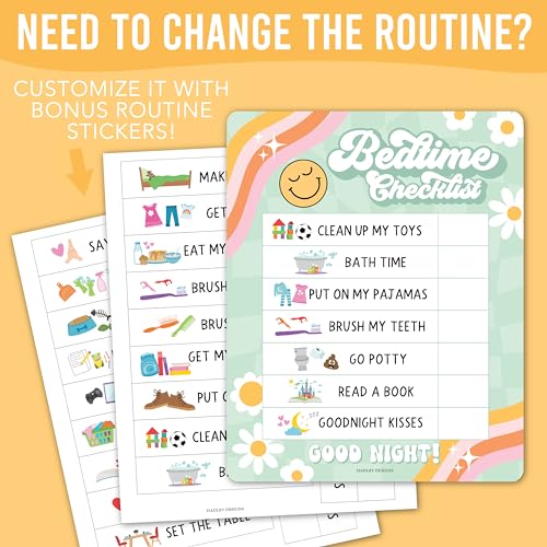 Image of Magnetic Morning & Bedtime Routine Chart for Kids - Customizable Toddler Daily Schedule Board with Dry Erase Surface, Stickers & Marker, Build Habits with Visual Checklists, Retro Theme