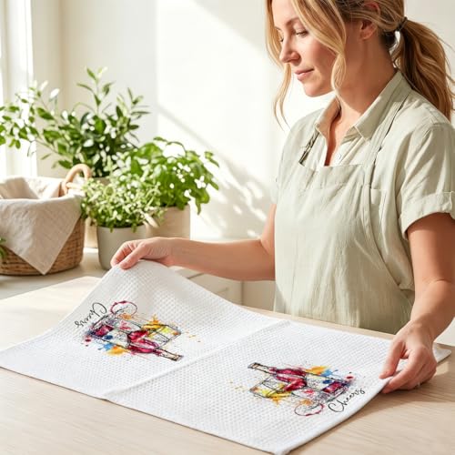 Image of 2 Pcs Graffiti Wine Kitchen Towels, Italian Gifts Reusable Dish Towels | Waffle Weave Hand Cloth Tea Towel for Kitchen Bathroom Home Decor, Wine Lover Gifts for Women Mom Friend 24x14 Inch