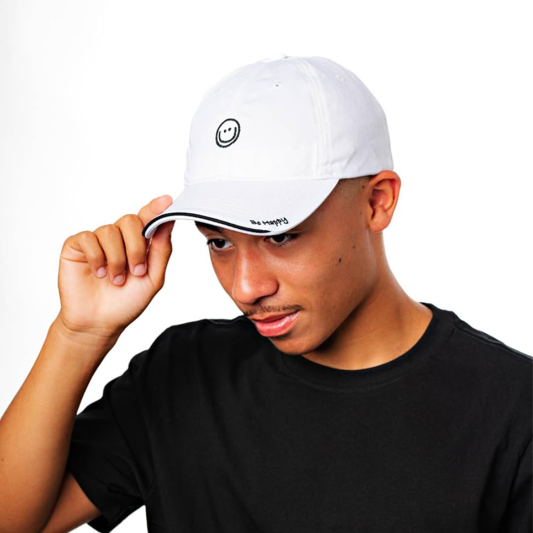 Smiley Face Baseball Hat – Embroidered Design, Adjustable Cap with 'Be Happy' Embroidery on The Brim, Eco-Friendly, UV Protection 50+, Casual Wear for Men and Women, White - Image 2