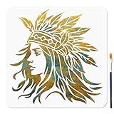 MAYJOYDIY Native American Woman Stencil Indian Tribal Lady Stencils with Paint Brush 11.8×11.8inch Feather Headdress Women Reusable Drawing Template for Craft on Window Wood Wall Home Decoration
