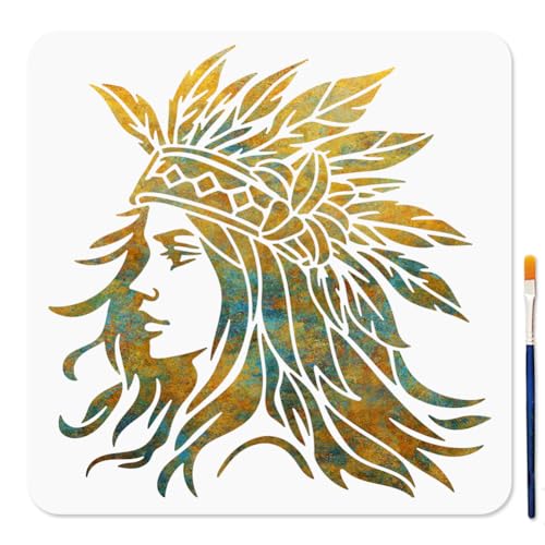 MAYJOYDIY Native American Woman Stencil Indian Tribal Lady Stencils with Paint Brush 11.8×11.8inch Feather Headdress Women Reusable Drawing Template for Craft on Window Wood Wall Home Decoration