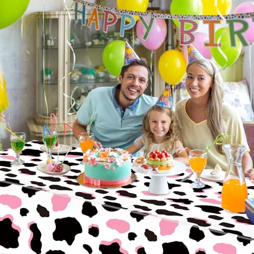 Image of LINHAXM 3 Pack Pink Cow Print Tablecloth - Cow Birthday Party Table Cloth Cow Print Table Cover for Disco Pink Cowgirl Birthday Decorations Supplies, 108 x 54 Inch