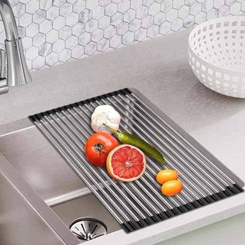Image of 10 Pipe Foldable Roll Up Dish Drying Rack Over The Sink Multipurpose Kitchen Counter Rolling up Stainless Steel Drainer for Cups, Utensils, Fruits, Vegetables