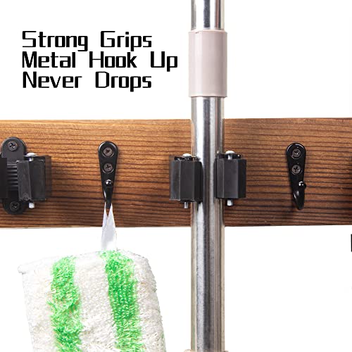Mop And Broom Holder Wall Mount Solid Wood Broom Rack Wall Mount 4 Positions 3 Hooks For Home, Kitchen, Garden, Tools, Garage Organizing, Cleaning Supplies Organizer Indoor Outdoor #TOP3