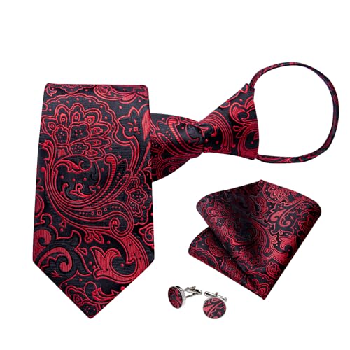 Image of DiBanGu Mens Zipper Ties Silk Adjustable Necktie Pocket Square | Paisley /Striped Pattern,Pre-tied Gift Tie Sets,Jacquard Woven,Pocket Square Cufflinks,Great for Formal & Business Wedding