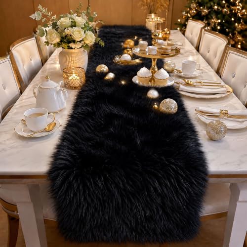 Black Faux Fur Table Runner Christmas Table Decor 11.8 x 59.0 Inch