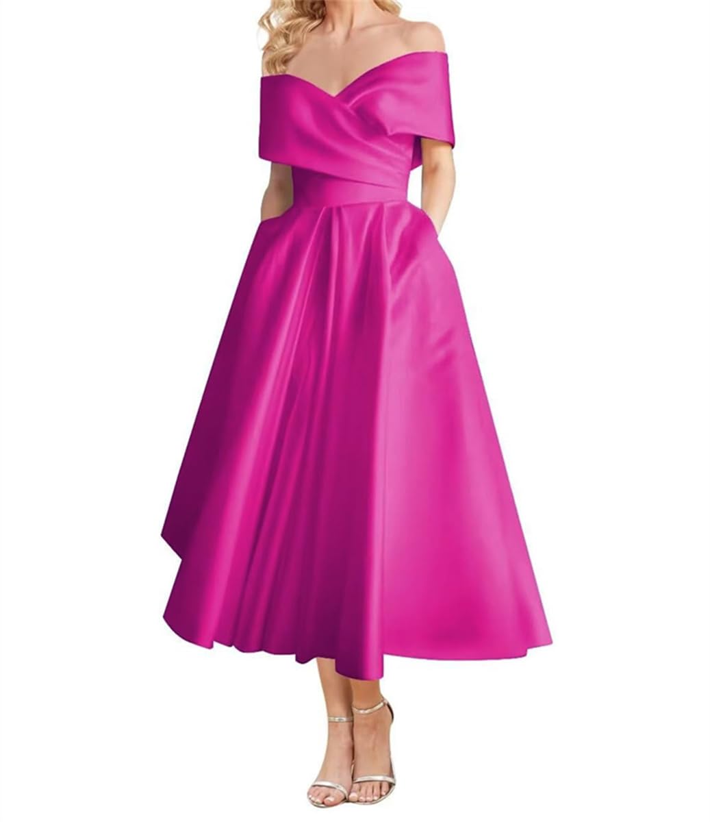 V Neck Bridesmaid Dresses with Tea Length Off Shoulder Satin A-Line Prom Gowns for Teens Fuchsia UK16