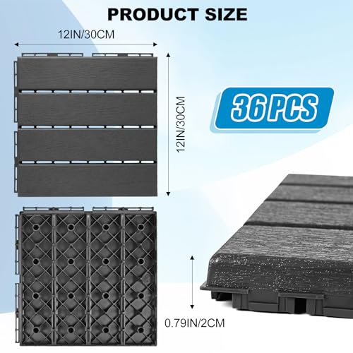 Image of ToLanbbt Plastic Interlocking Deck Tiles 36 Pack 12 inchx12 inch Waterproof Indoor Outdoor Composite Patio Flooring Decking Tiles All Weather Use for Patio Porch Balcony Backyard Poolside, Dark Grey