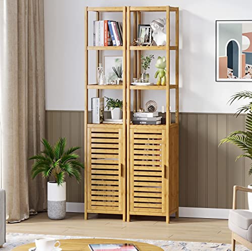 Viagdo Storage Tall Slim Cabinet With Shutter Door And 3 Tier Shelves, Freestanding Linen Tower Cabinet For Living Room, Kitchen, Bathroom Organizer, Natural Bamboo #TOP2