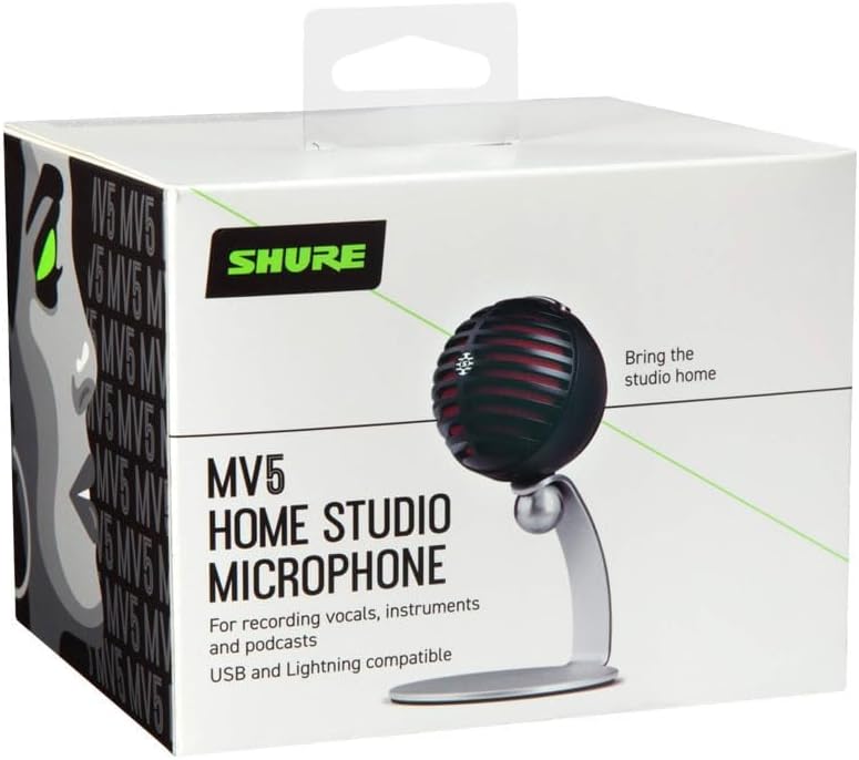 Shure MV5 Digital Condenser Microphone with Cardioid - Plug-and-play with iOS, Mac, PC, Onscreen Control w/ ShurePlus MOTIV Audio App, Includes USB and Lightning Cables (1m each) - Black w/ Red Foam MV5 Black/Red New Packaging