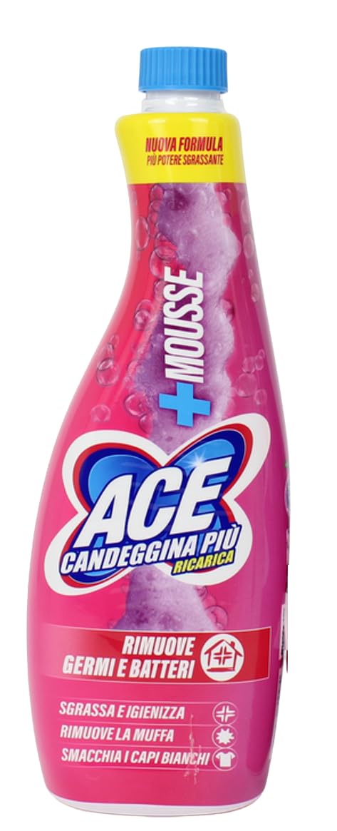 15x ACE Candeggina +Mousse, sgrassa le superfici della casa e le macchie più ostinate del bucato,Flacone Ricarica da 700ml + Portachiavi Beni Culinari in Omaggio